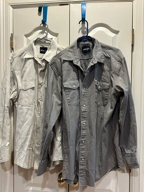 Lot of 2 wrangler men XL denim pearl snap cowboy rodeo shirts